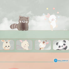 Load image into Gallery viewer, Adventure Bus kids wallpaper mural with cute animals, pastel balloons, and dreamy clouds in soft neutral tones.