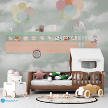 Load image into Gallery viewer, Adventure Bus kids wallpaper mural with cute animals, pastel balloons, and dreamy clouds in soft neutral tones.