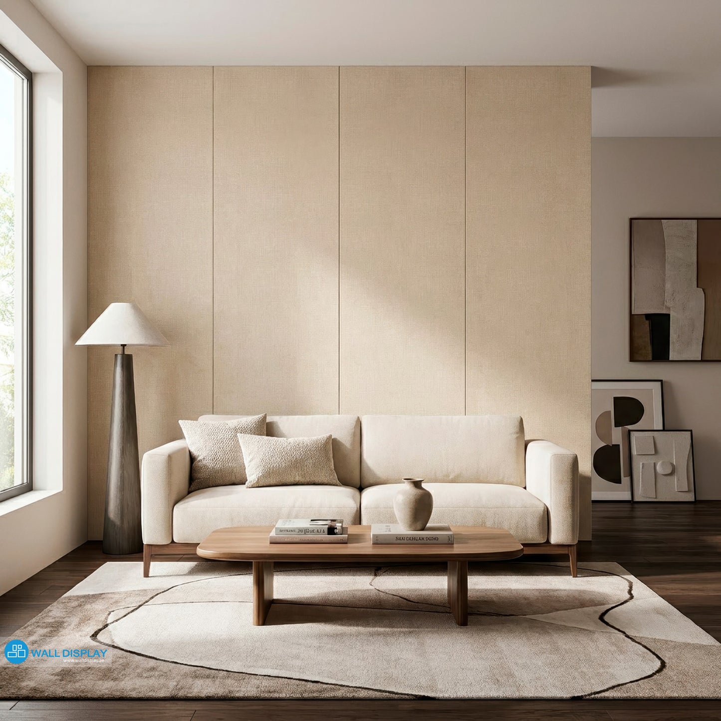Deco Linen beige textured wallpaper with soft woven fabric effect for bedroom, living room, dressing area, office, and elegant feature wall interiors.