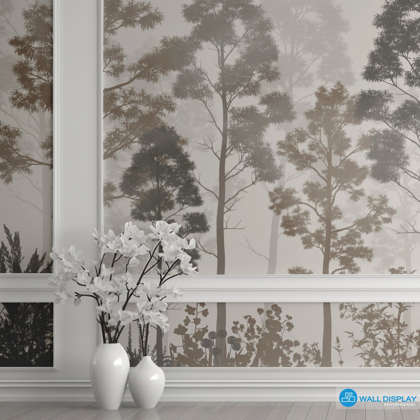 Wallpaper with forest design in a room with white vases and a framed picture.