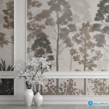Load image into Gallery viewer, Wallpaper with forest design in a room with white vases and a framed picture.