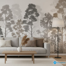 Load image into Gallery viewer, Living room with a gray sofa, wooden coffee table, and forest wallpaper.