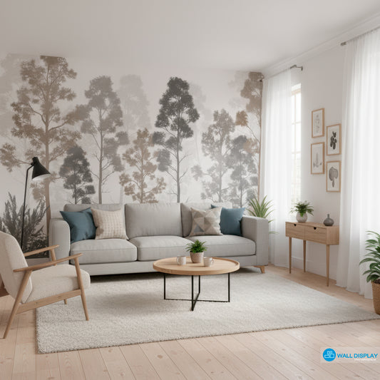 Modern living room with a gray sofa, armchair, and coffee table against a wall with tree mural.