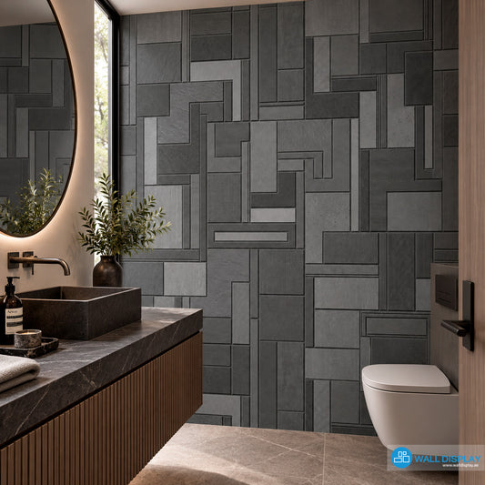 Graphite charcoal geometric wallpaper with layered rectangular panels and stone, linen and ribbed textures for modern interiors in Dubai and UAE.