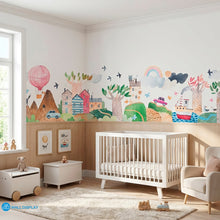 Load image into Gallery viewer, Hills Village Adventure Nursery Wallpaper with pastel watercolor houses, rolling hills, trees, rainbow, balloon, and playful village details