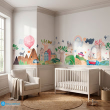 Load image into Gallery viewer, Hills Village Adventure Nursery Wallpaper with pastel watercolor houses, rolling hills, trees, rainbow, balloon, and playful village details