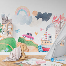 Load image into Gallery viewer, Hills Village Adventure Nursery Wallpaper with pastel watercolor houses, rolling hills, trees, rainbow, balloon, and playful village details