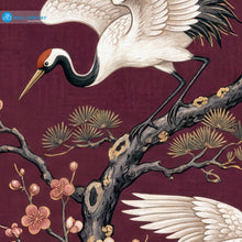 Load image into Gallery viewer, Japanese Crane Garden Wallpaper Mural with white cranes, cherry blossoms, dragonflies, pagodas, and gold botanical details on an aubergine plum background