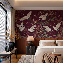 Load image into Gallery viewer, Japanese Crane Garden Wallpaper Mural with white cranes, cherry blossoms, dragonflies, pagodas, and gold botanical details on an aubergine plum background