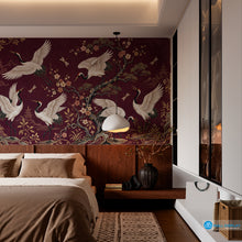 Load image into Gallery viewer, Japanese Crane Garden Wallpaper Mural with white cranes, cherry blossoms, dragonflies, pagodas, and gold botanical details on an aubergine plum background