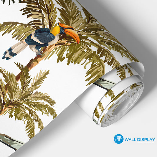 Jungle playground kids wallpaper with giraffe, elephant, zebra, cheetah, flamingo, toucan, palm trees, and tropical leaves on white background.