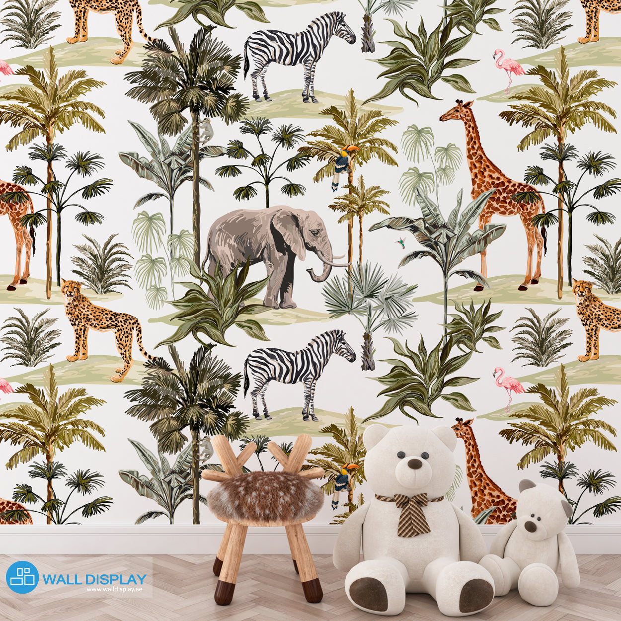 Jungle playground kids wallpaper with giraffe, elephant, zebra, cheetah, flamingo, toucan, palm trees, and tropical leaves on white background.