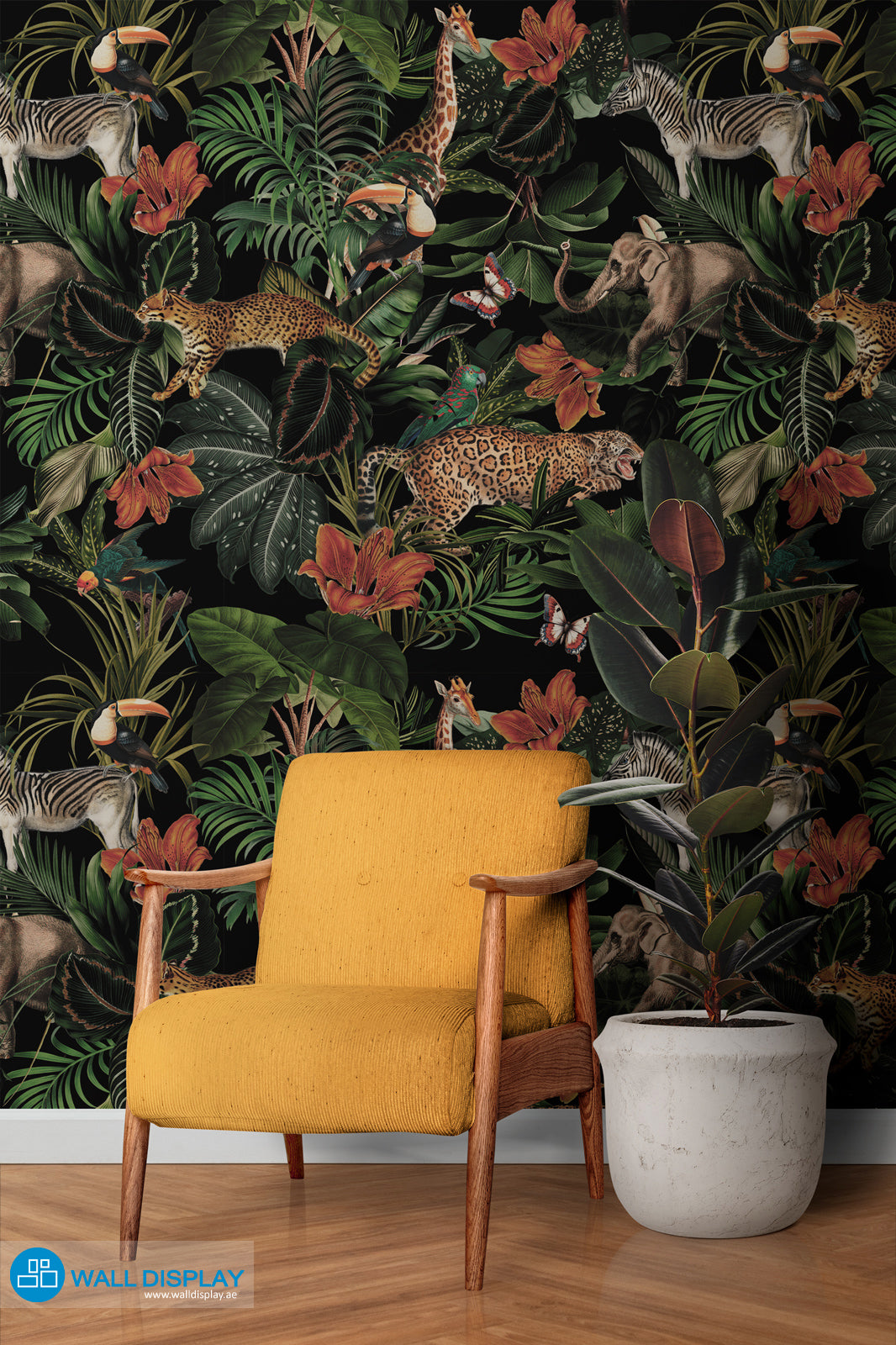 Luxury safari wallpaper mural with giraffe, zebra, elephant, leopard, toucans, tropical leaves, flowers, and black background for feature walls.