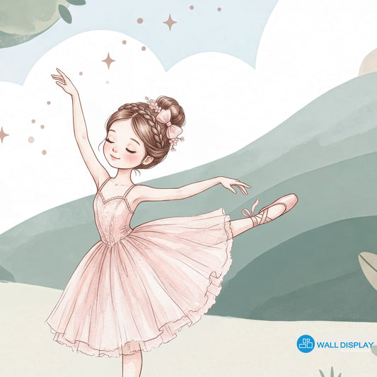 Pastel ballet meadow wallpaper with watercolor ballerinas, flowers, trees, birds, clouds, and soft green hills for girls room and nursery decor.