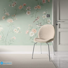 Load image into Gallery viewer, chinoiserie wall mural, sage green wallpaper, floral bird mural, classic botanical wallpaper