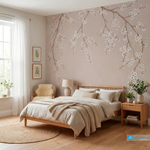 Load image into Gallery viewer, Taupe sakura blossom wallpaper mural with delicate white cherry blossom branches on a soft neutral background