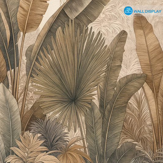 Sepia Palm Grove Wallpaper with vintage palm trees, banana leaves, fan palms, and warm neutral tropical botanical foliage.