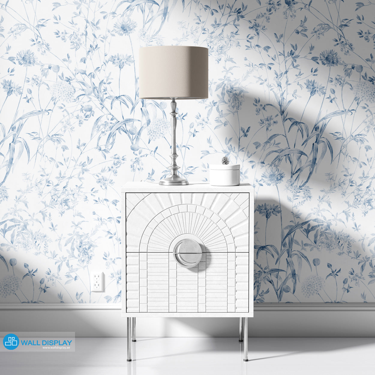 Botanical meadow wallpaper with delicate wildflowers, leafy stems, and soft green-blue floral line art for bedroom, living room, hallway, and feature wall interiors.