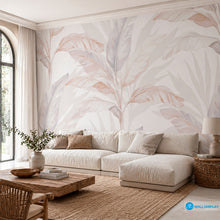 Load image into Gallery viewer, Soft neutral tropical botanical wallpaper with watercolor banana leaves in beige, ivory, blush, and muted blue grey tones for modern interiors.