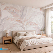 Load image into Gallery viewer, Soft neutral tropical botanical wallpaper with watercolor banana leaves in beige, ivory, blush, and muted blue grey tones for modern interiors.