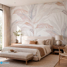 Load image into Gallery viewer, Soft neutral tropical botanical wallpaper with watercolor banana leaves in beige, ivory, blush, and muted blue grey tones for modern interiors.