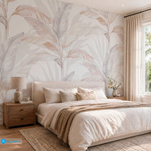 Load image into Gallery viewer, Soft neutral tropical botanical wallpaper with watercolor banana leaves in beige, ivory, blush, and muted blue grey tones for modern interiors.