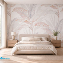 Load image into Gallery viewer, Soft neutral tropical botanical wallpaper with watercolor banana leaves in beige, ivory, blush, and muted blue grey tones for modern interiors.