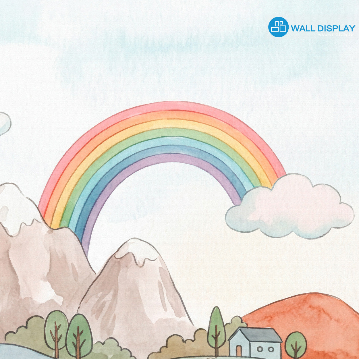 Storybook countryside kids wallpaper mural with pastel hills, rainbow, lake, village houses, hot air balloon, flowers, and woodland animals.