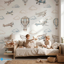 Load image into Gallery viewer, Vintage aviation kids wallpaper with watercolor airplanes, hot air balloons, and soft clouds in beige and dusty blue colors.