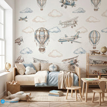 Load image into Gallery viewer, Vintage aviation kids wallpaper with watercolor airplanes, hot air balloons, and soft clouds in beige and dusty blue colors.