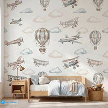 Load image into Gallery viewer, Vintage aviation kids wallpaper with watercolor airplanes, hot air balloons, and soft clouds in beige and dusty blue colors.