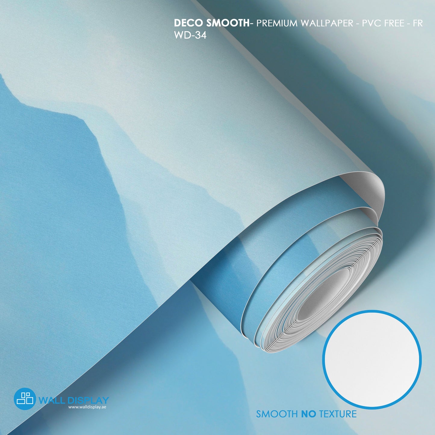 Roll of Deco Smooth wallpaper with a blue background