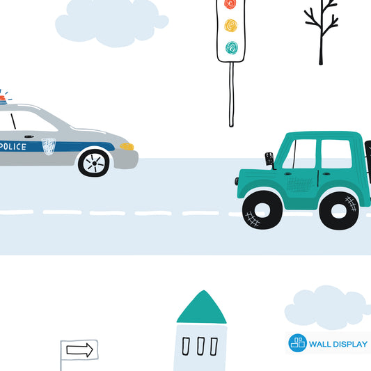 Kids cars wallpaper with colorful vehicles, roads, buses, trucks, traffic lights, buildings, trees, and clouds for boys’ rooms, nurseries, and playrooms.