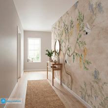 Load image into Gallery viewer, Wisteria Garden Botanical Wall Mural with graceful cranes, cascading blossoms, and soft neutral background