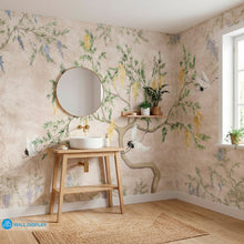 Load image into Gallery viewer, Wisteria Garden Botanical Wall Mural with graceful cranes, cascading blossoms, and soft neutral background