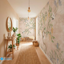 Load image into Gallery viewer, Wisteria Garden Botanical Wall Mural with graceful cranes, cascading blossoms, and soft neutral background