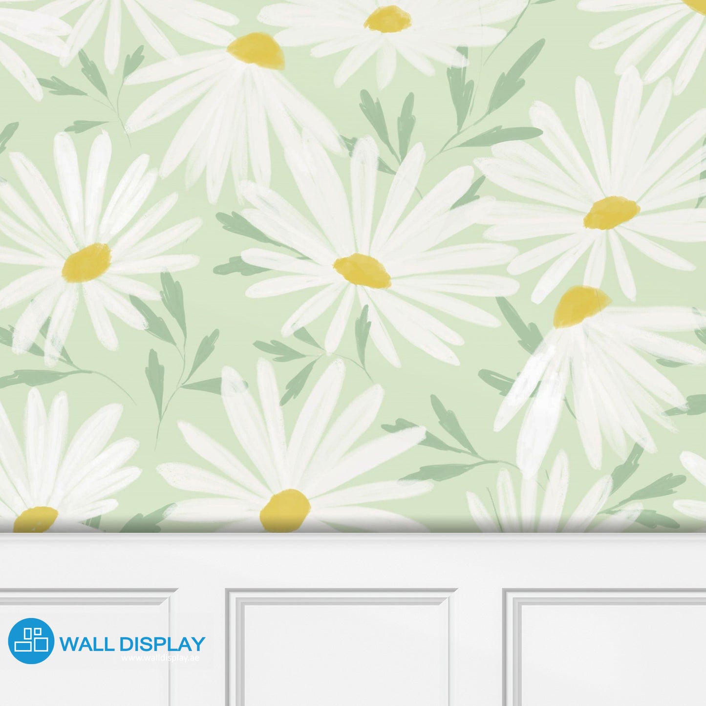 Daisy floral wallpaper with large white flowers, yellow centers, and pastel green background for bedrooms, nurseries, girls’ rooms, and modern feature walls.