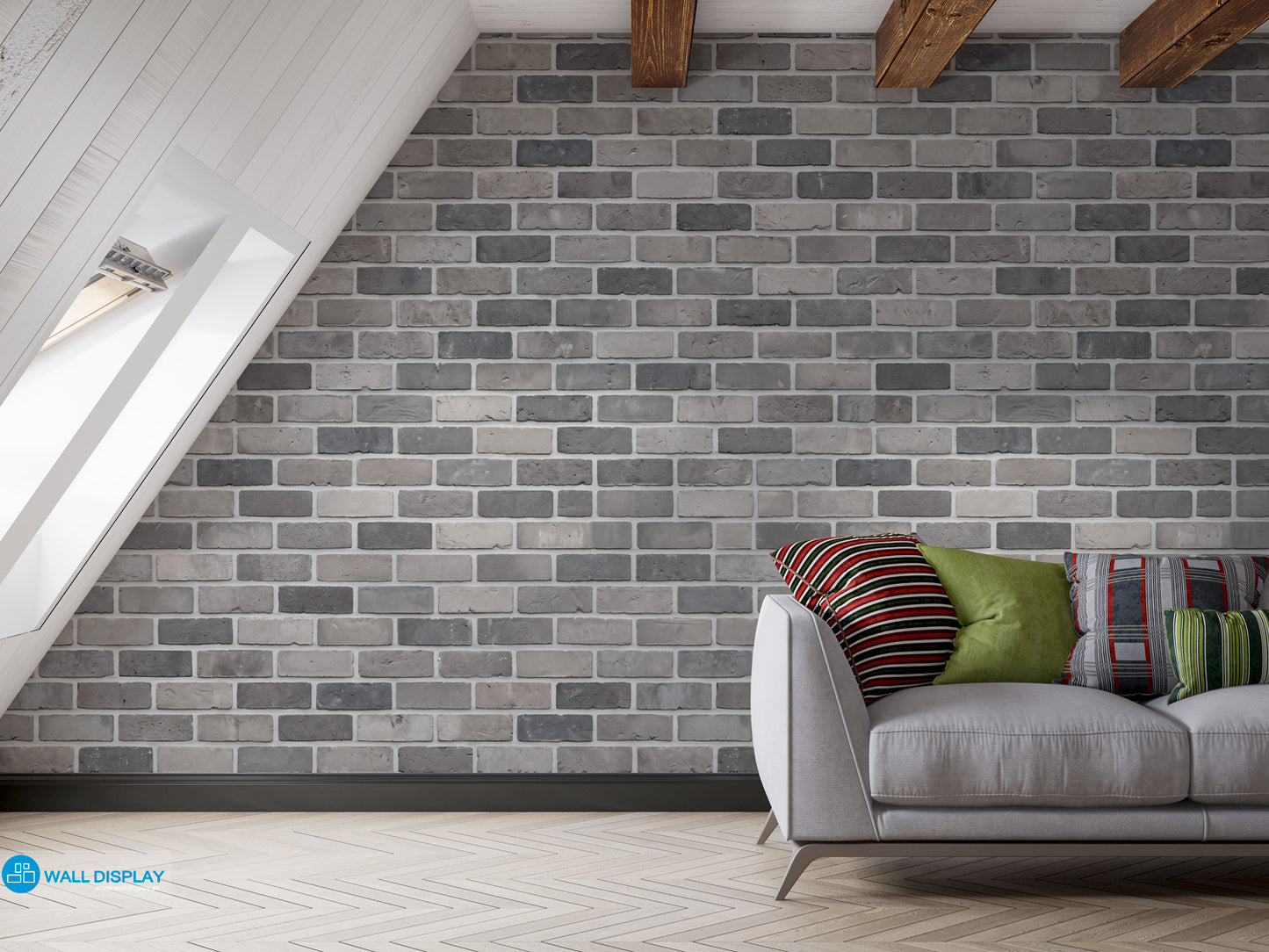 Realistic grey brick wall pattern wallpaper with light grey, taupe and charcoal bricks