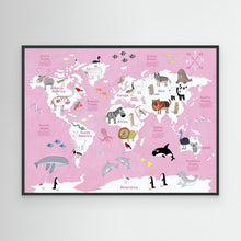 Load image into Gallery viewer, Cute Animals World Map pink by Carla Daly