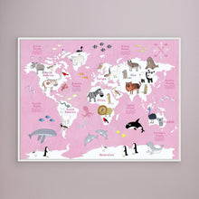 Load image into Gallery viewer, Cute Animals World Map pink by Carla Daly