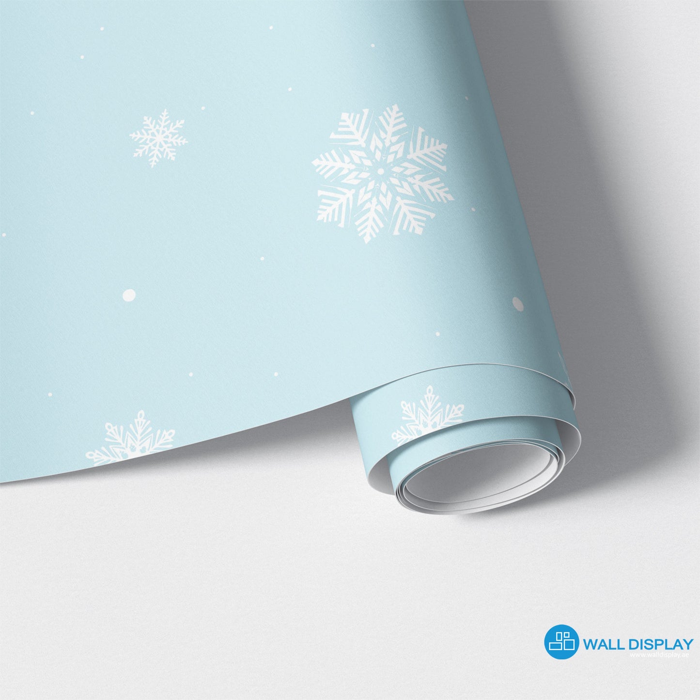 Snowflakes kids wallpaper with white snowflake patterns on a pastel blue background for nursery, baby room, and playroom walls.