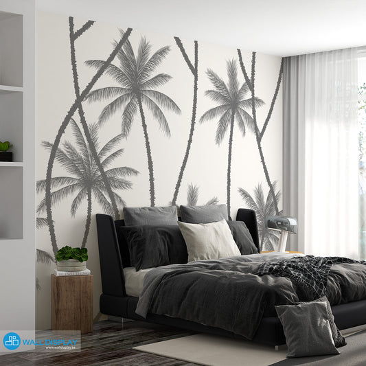 Swaying palms pattern wallpaper with soft tropical palm tree silhouettes for bedroom, bathroom, living room, and feature wall interiors.