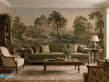 Load image into Gallery viewer, Serene River Valley Landscape Wall Mural with vintage trees and flowing stream