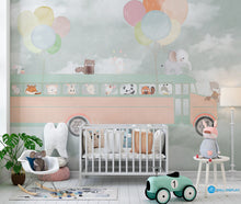Load image into Gallery viewer, Adventure Bus kids wallpaper mural with cute animals, pastel balloons, and dreamy clouds in soft neutral tones.
