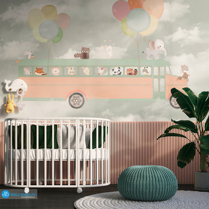 Adventure Bus kids wallpaper mural with cute animals, pastel balloons, and dreamy clouds in soft neutral tones.