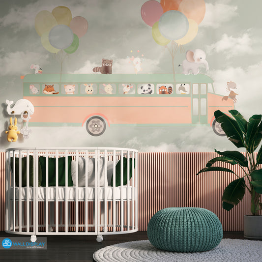 Adventure Bus kids wallpaper mural with cute animals, pastel balloons, and dreamy clouds in soft neutral tones.