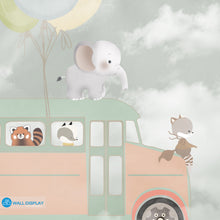 Load image into Gallery viewer, Adventure Bus kids wallpaper mural with cute animals, pastel balloons, and dreamy clouds in soft neutral tones.
