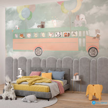 Load image into Gallery viewer, Adventure Bus kids wallpaper mural with cute animals, pastel balloons, and dreamy clouds in soft neutral tones.
