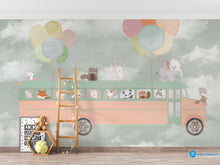 Load image into Gallery viewer, Adventure Bus kids wallpaper mural with cute animals, pastel balloons, and dreamy clouds in soft neutral tones.
