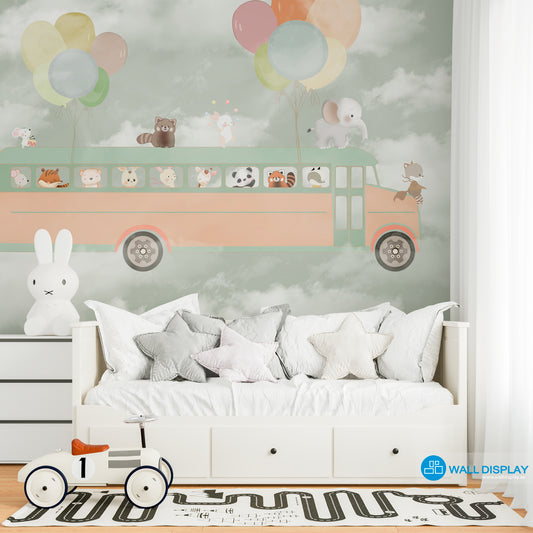 Adventure Bus kids wallpaper mural with cute animals, pastel balloons, and dreamy clouds in soft neutral tones.